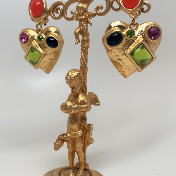 Gorgeous Gold Plated Assorted Cabochons Heart Dangle Clip on Earrings - Picture 5 of 6